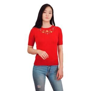 Floral Embroidered Red Fitted Top Short Sleeve Vintage Style Sz Small - Hey Viv